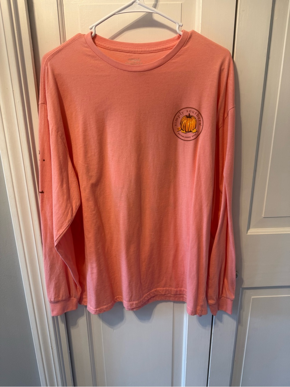 Simply Southern Coral Pink Long-Sleeve Tee with Pumpkin Chest Graphic